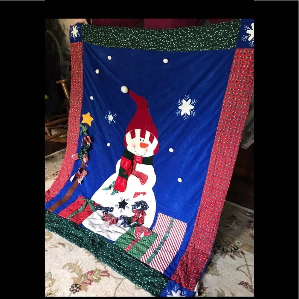 Rare Vintage 1970’s Handmade Snowman Holiday Quilt 4 Feet Tall